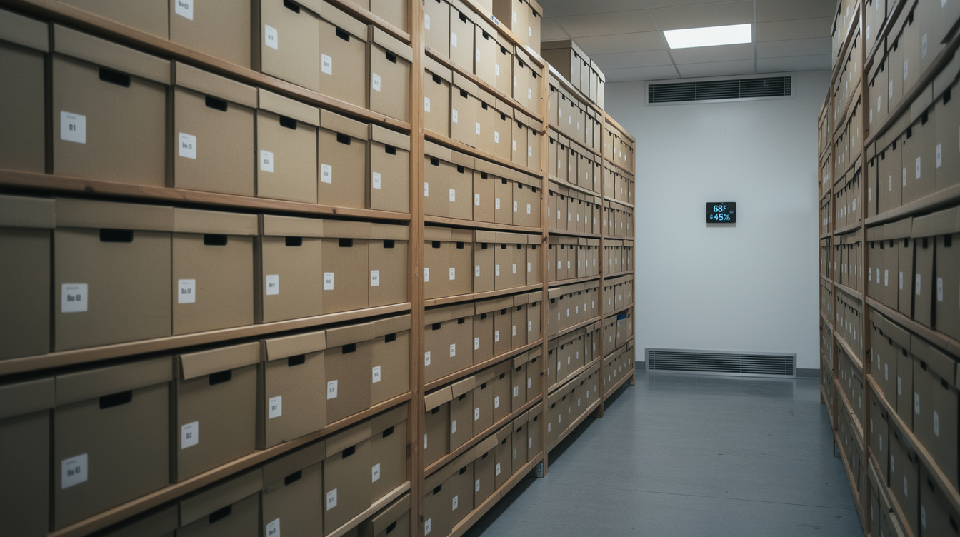 Labeled archival storage boxes on wooden shelving