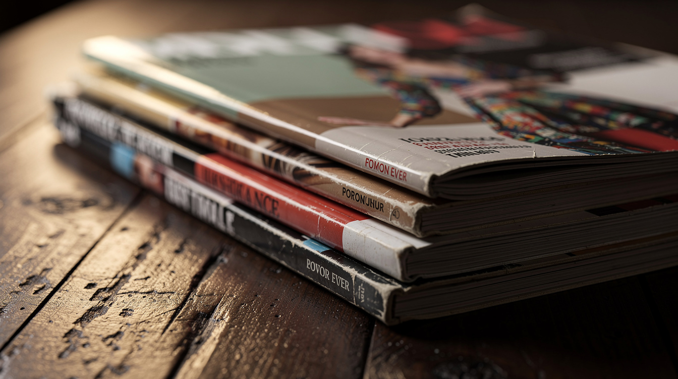 Stack of old glossy magazines on a wooden table