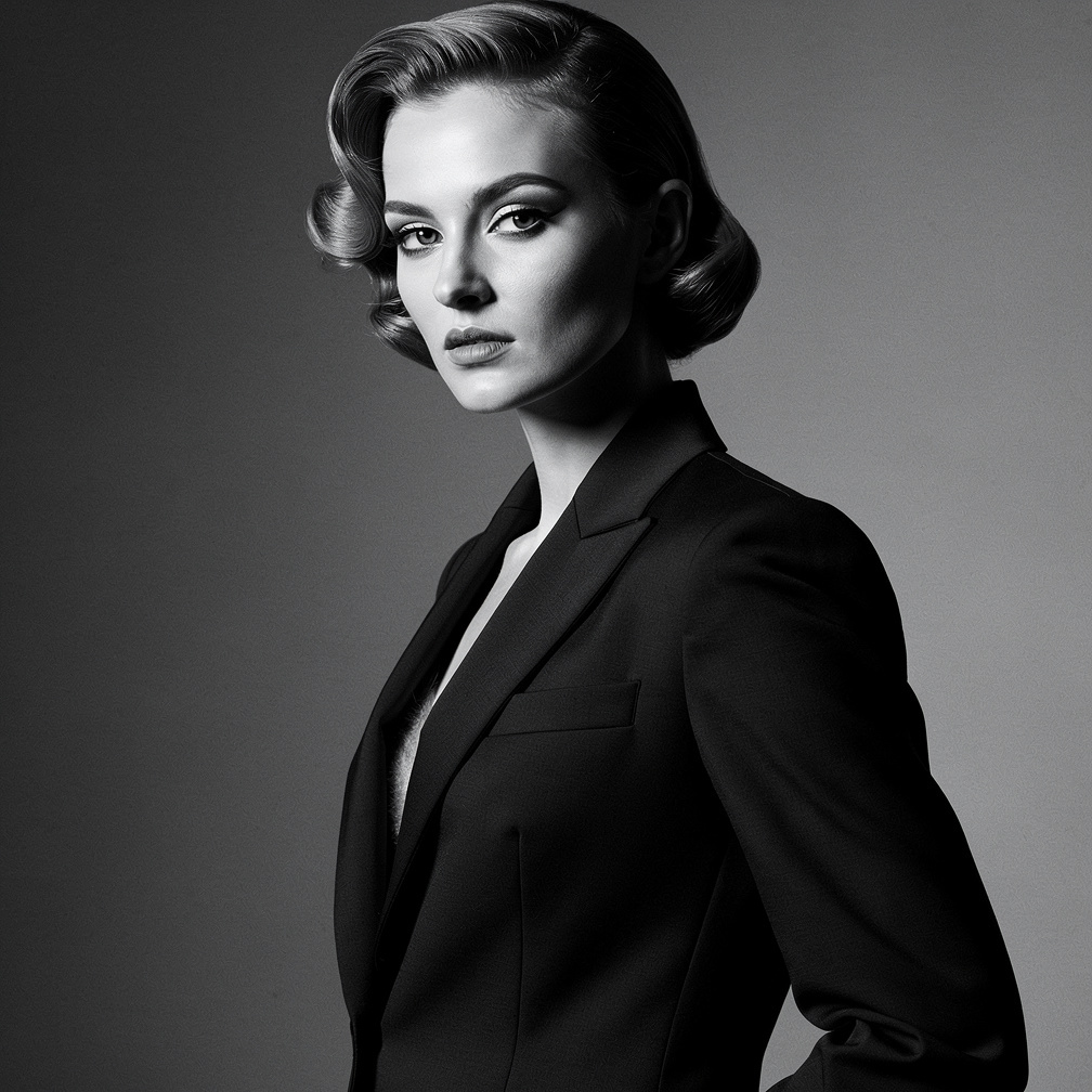 Elegant editorial portrait of a stylish woman in vintage fashion pose